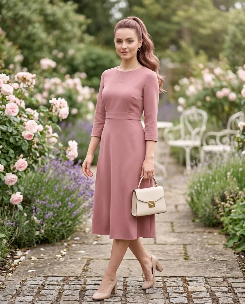 women wearing Dusty Rose Midi Dress With Neutral Heels