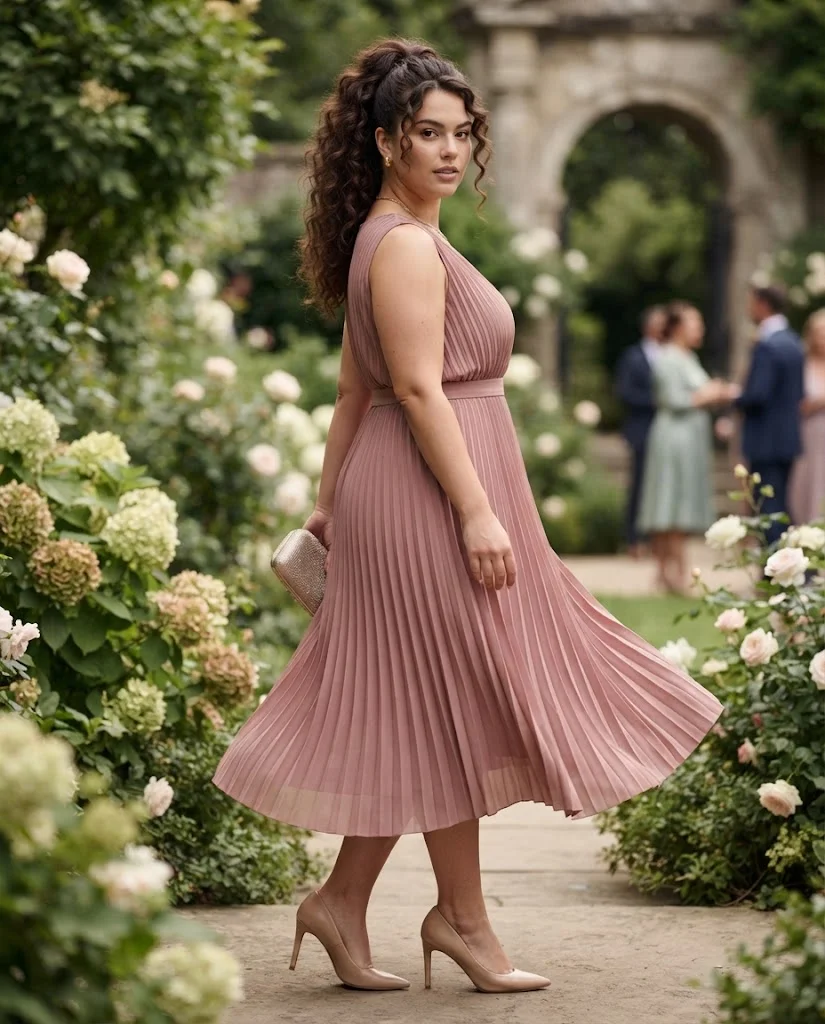 women wearing Dusty Rose Pleated Midi Dress