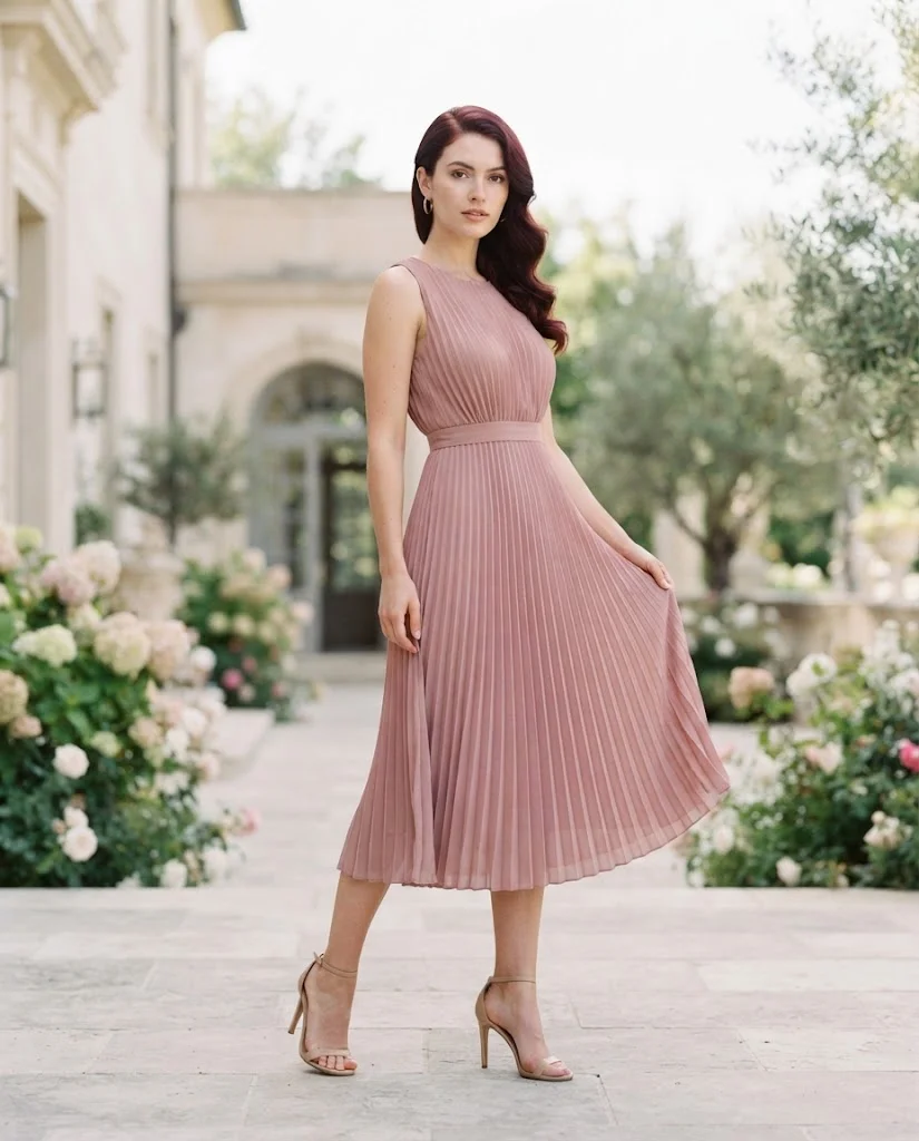 Dusty Rose Pleated Midi with Nude Heels, a stylish petite wedding guest outfit for women