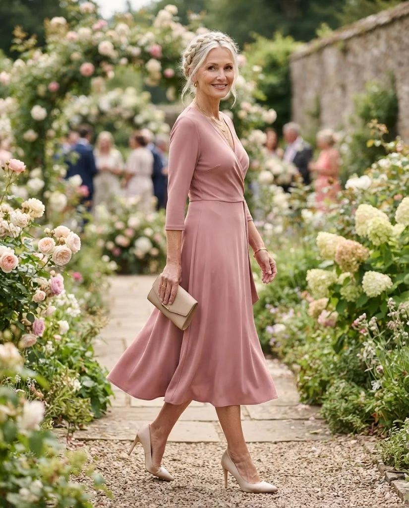 Dusty Rose Wrap Midi with Champagne Heels, a semi-formal wedding guest outfit for women over 50