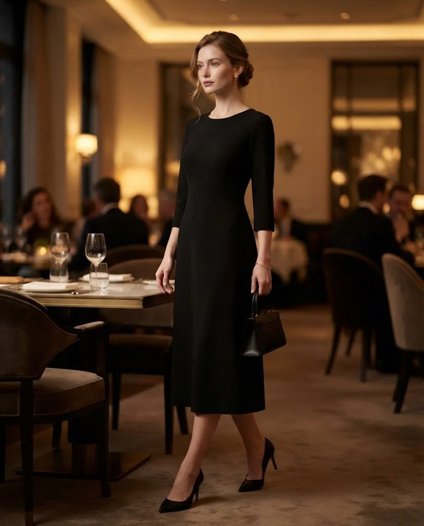 women wearing   Elegant Black Dress With Minimal Jewelry