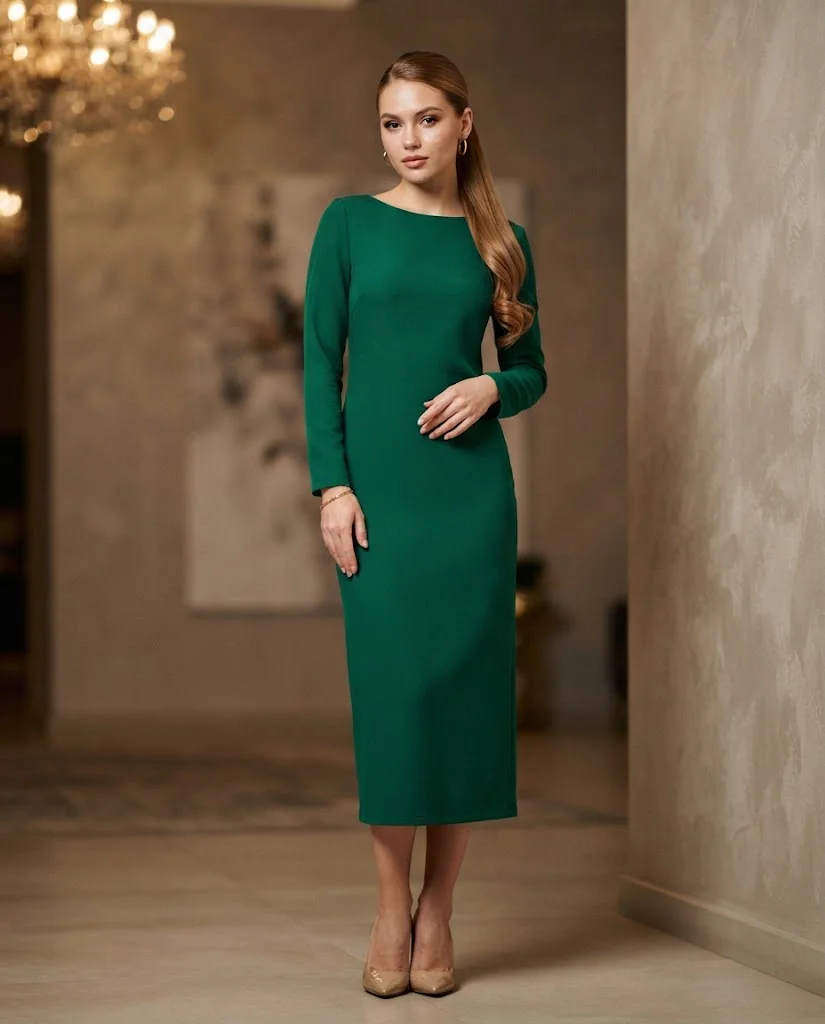women wearing Emerald Green Column Dress With Minimal Jewelry