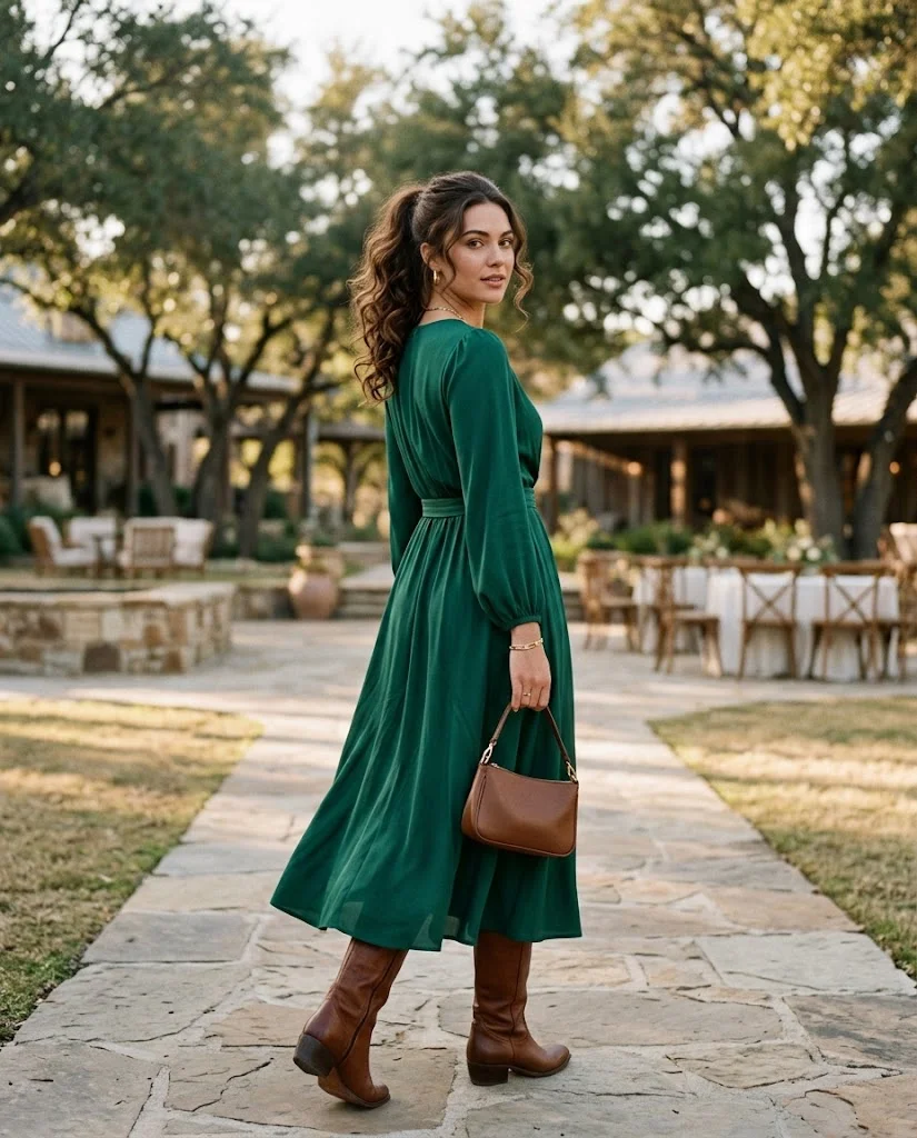 Emerald Green Dress with Brown Leather Boots, a stylish western wedding guest outfit for women