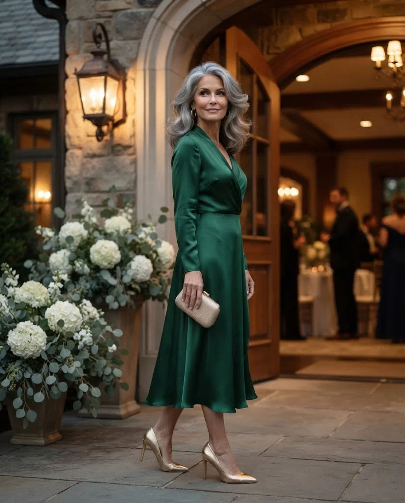 Emerald Green Midi Dress with Metallic Heels, a semi-formal wedding guest outfit for women over 50