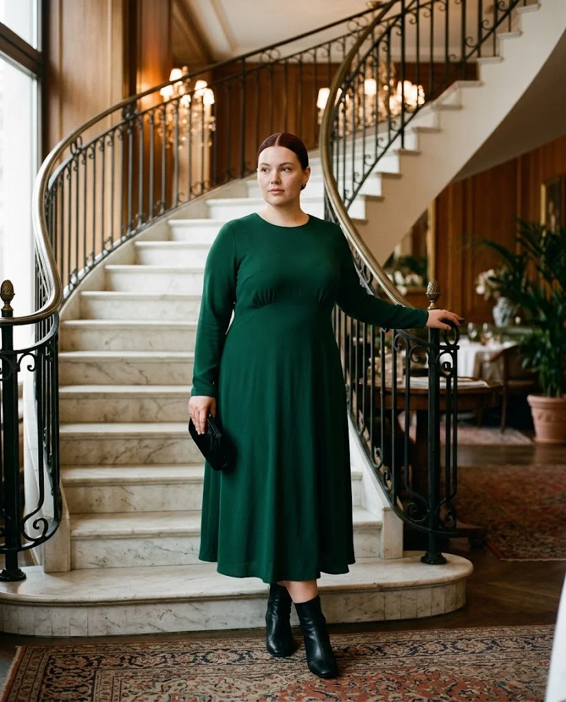 Plus Size Fall Dinner Outfits: 15 Chic Looks for Autumn Evenings 5 Emerald Green Midi Dress With Ankle Boots Plus Size Fall Dinner Outfit