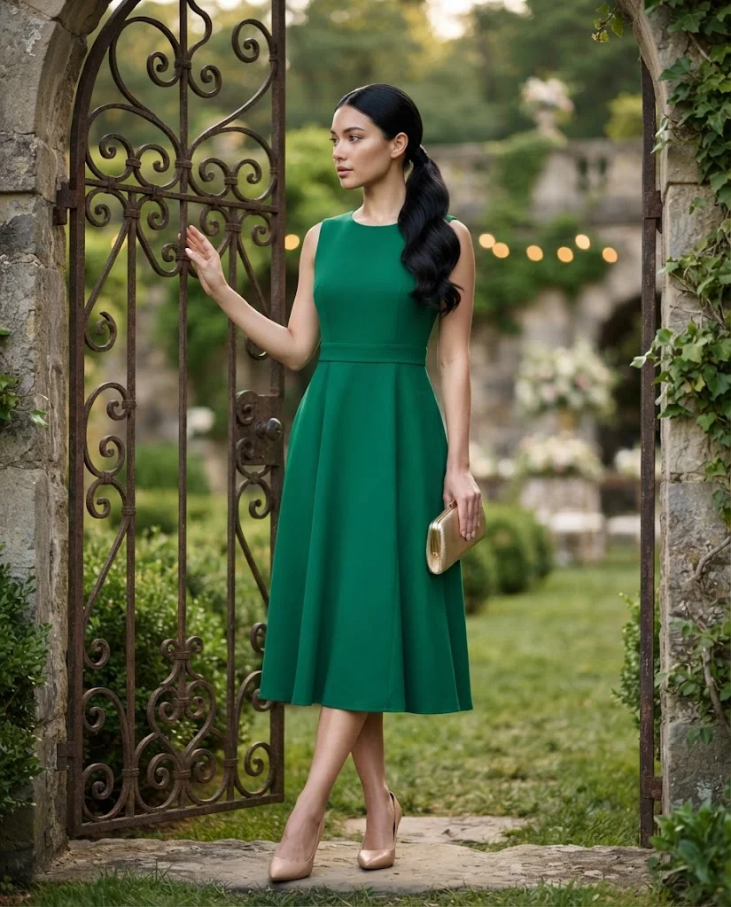 women wearing Emerald Green Midi Dress With Simple Accessories