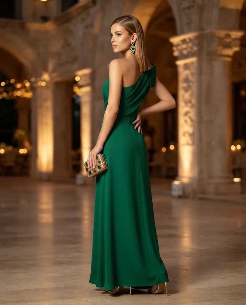 Emerald Green One-Shoulder Maxi Dress with Metallic Heels, a classy and elegant wedding guest outfit for women
