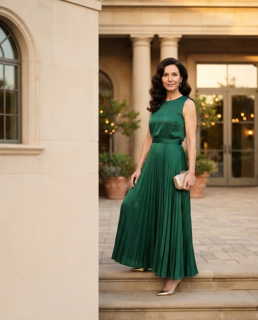 Emerald Green Satin Maxi Dress with Gold Accessories, an elegant wedding guest outfit for women over 50