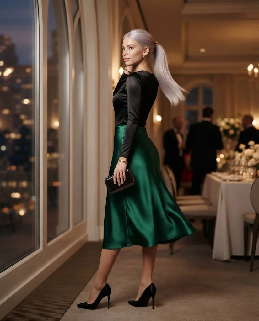 Emerald Green Satin Skirt + Black Fitted Top