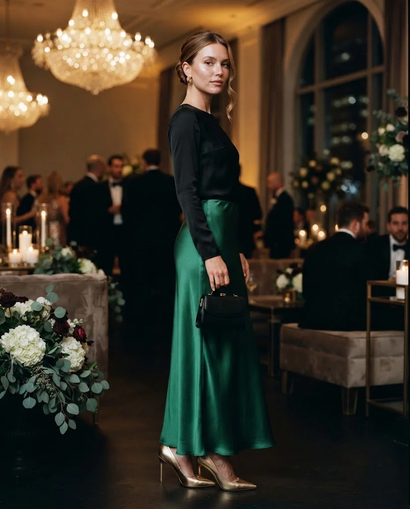 Emerald Green Satin Skirt with a Black Fitted Top, a classy and elegant wedding guest outfit for women