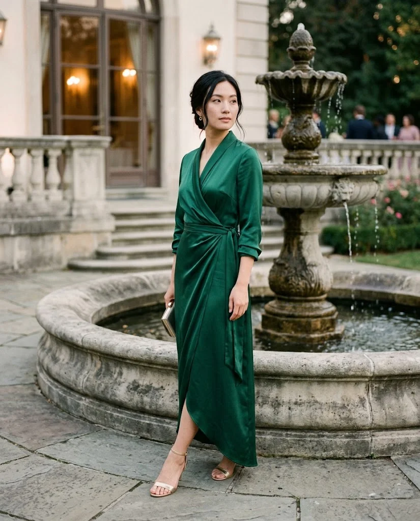 women wearing Emerald Green Satin Wrap Dress
