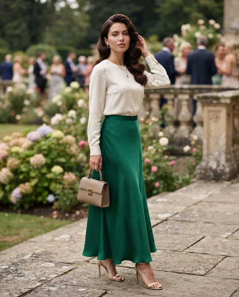 women wearing Emerald Green Skirt With an Ivory Blouse
