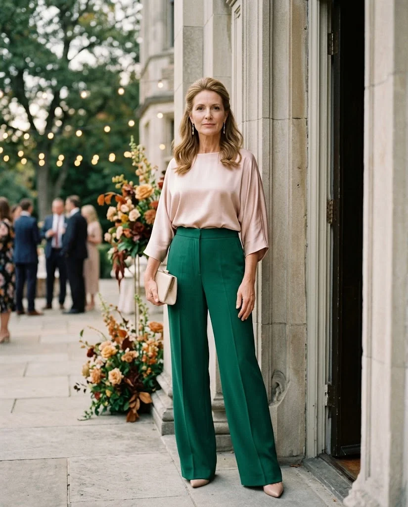Emerald Green Trousers with Blush Satin Blouse, a fall wedding guest outfit for women over 50
