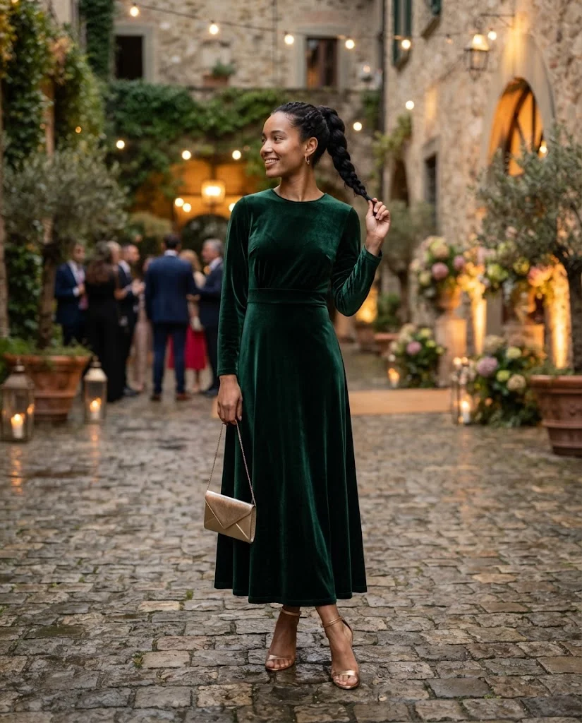 women wearing Emerald Green Velvet Dress With Gold Heels