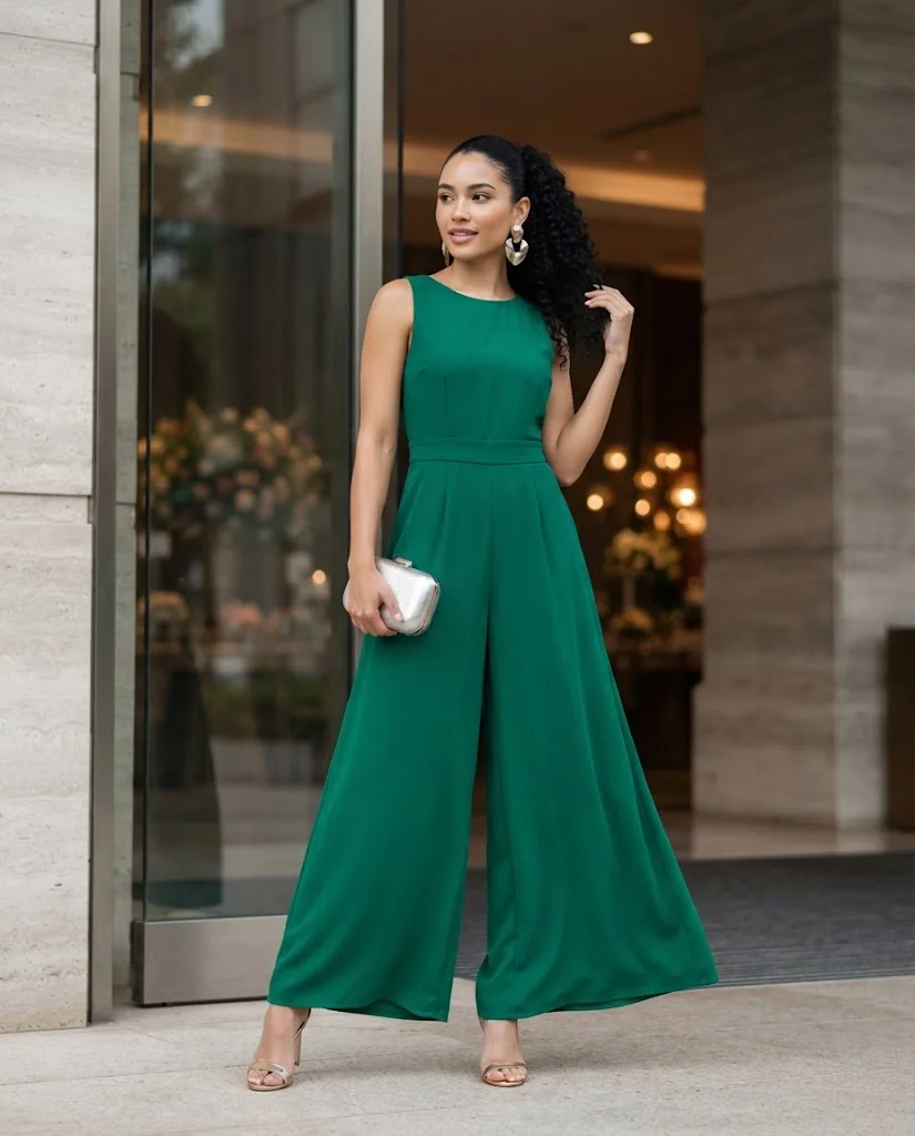 Emerald Green Wide-Leg Jumpsuit + Metallic Clutch