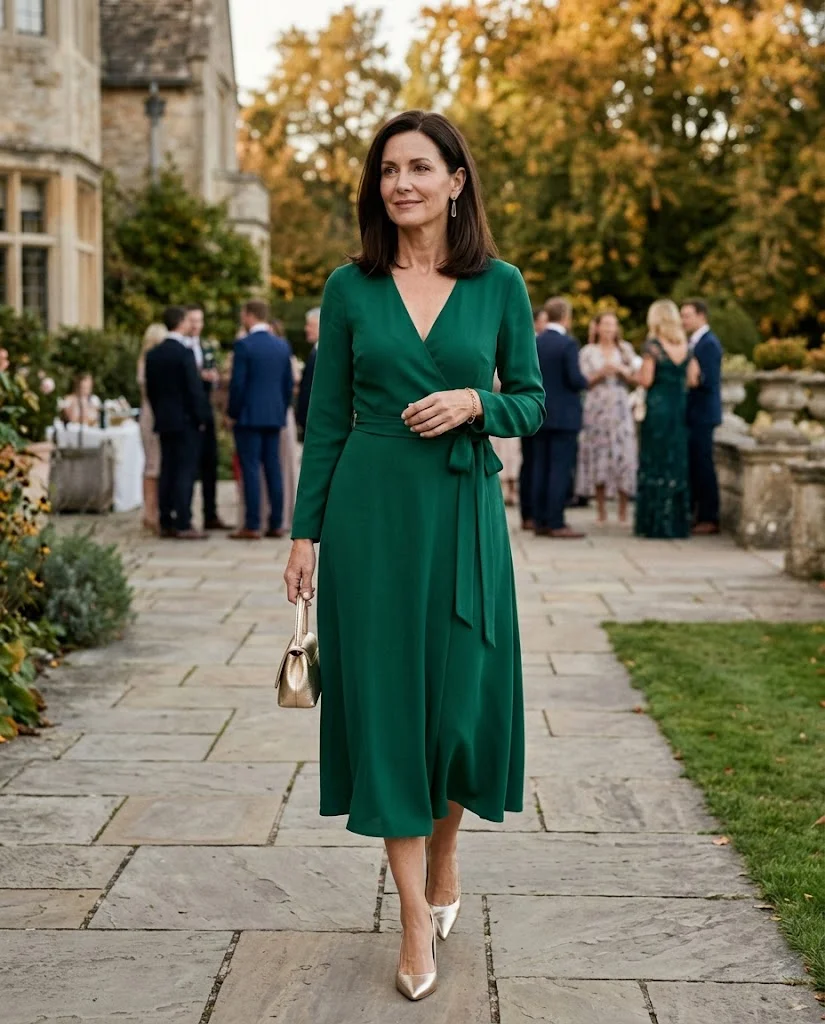 Emerald Green Wrap Dress with Metallic Heels, a fall wedding guest outfit for women over 50