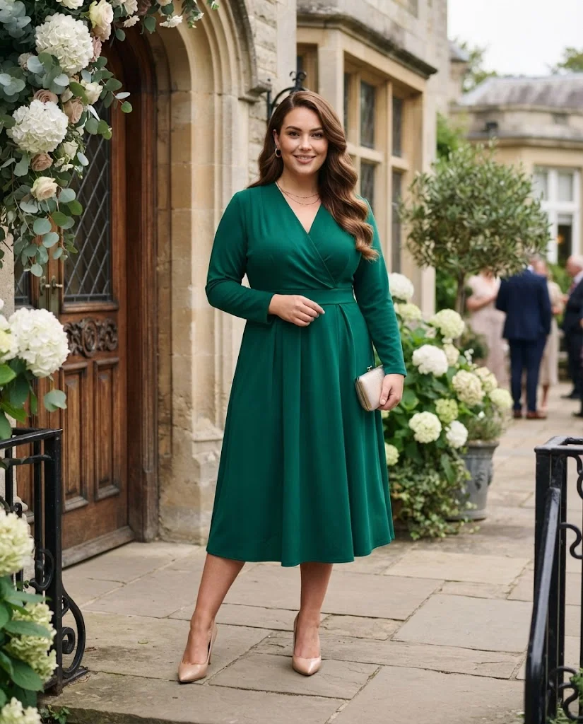 women wearing Emerald Green Wrap Midi Dress With Nude Heels