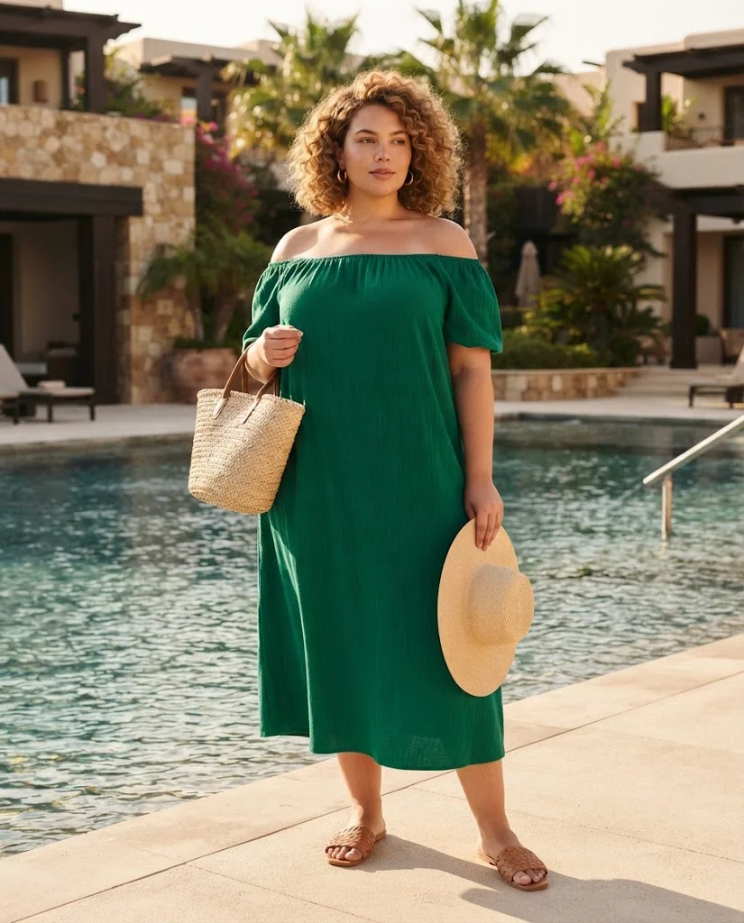 Emerald Off-Shoulder Midi Dress With Woven Slides Plus Size Resort Wear Outfit