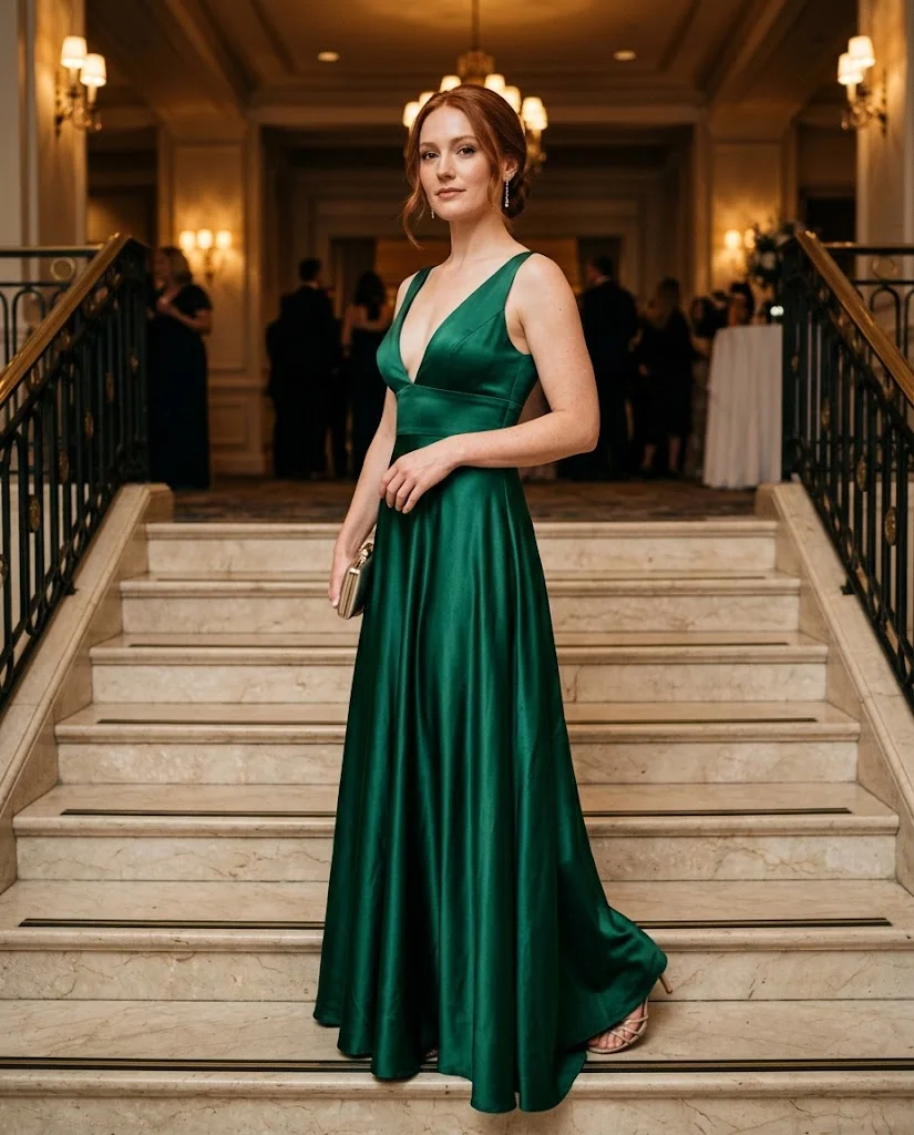 women wearing Emerald Satin Deep V-Neck Gown