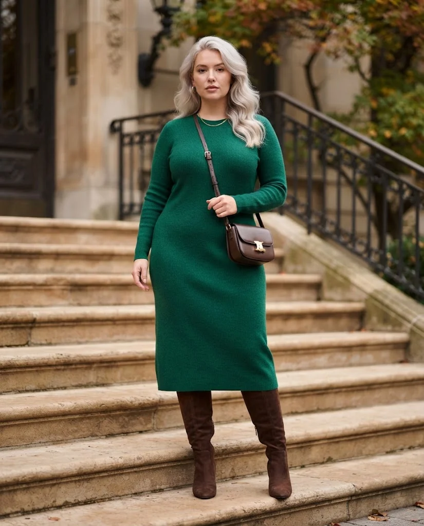 Plus Size Fall Outfits for Women: 15 Stylish Ideas 7 Emerald Sweater Dress With Tall Brown Boots, a beautiful plus size fall outfit