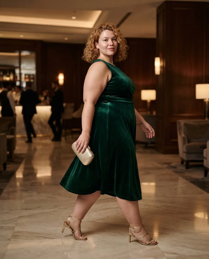 Emerald Velvet Midi Dress With Gold Sandals Plus Size Cocktail Party Outfit