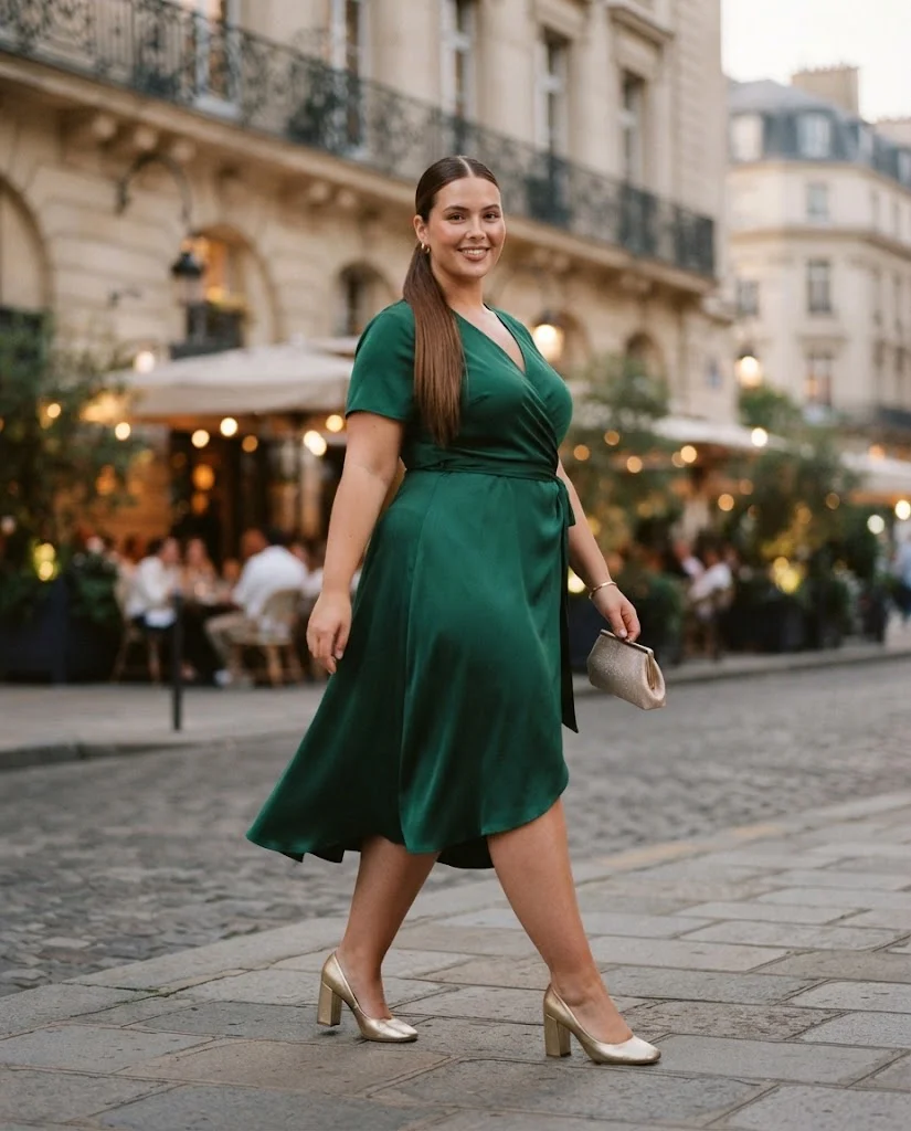 Emerald Wrap Midi Dress With Gold Heels Plus Size Date Night Outfit
