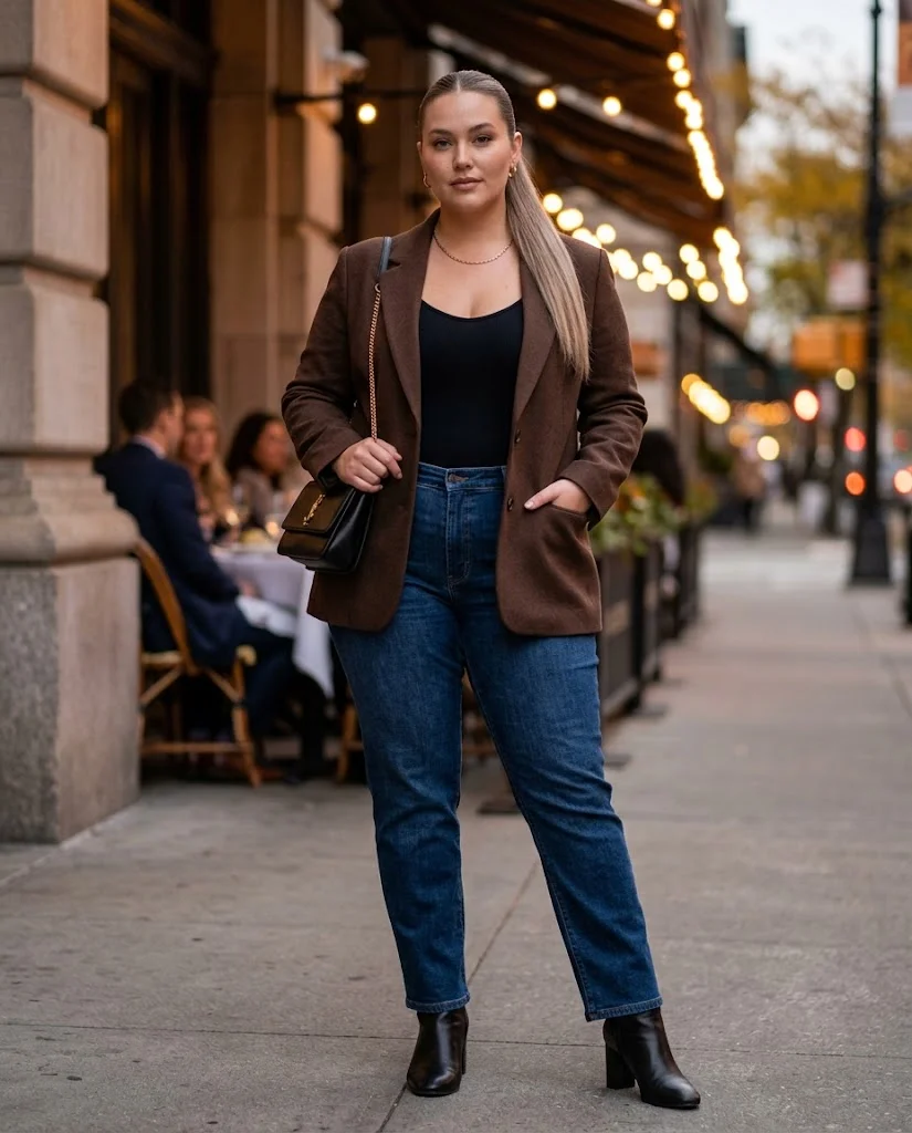 Espresso Brown Blazer With Dark Jeans and a Bodysuit Plus Size Fall Date Night Outfit