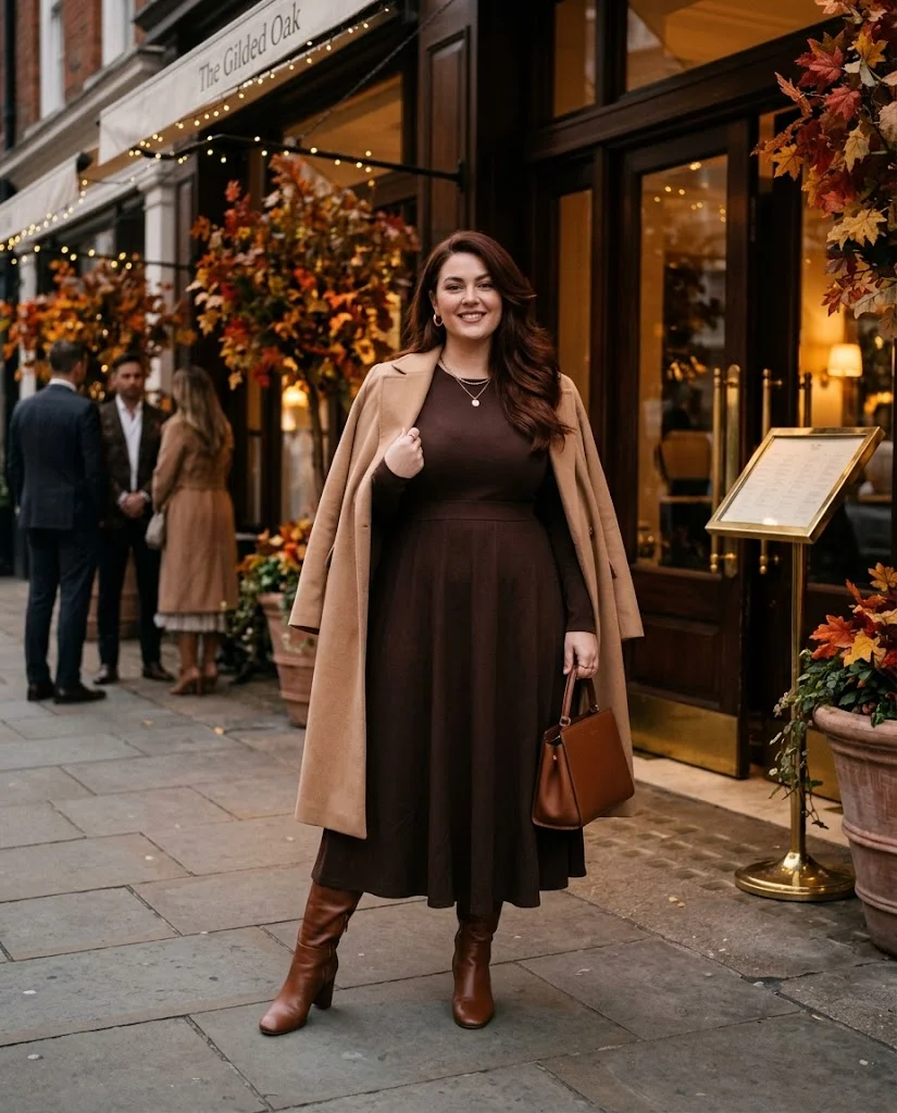 Plus Size Fall Dinner Outfits: 15 Chic Looks for Autumn Evenings 16 Espresso Brown Midi Dress With Camel Coat Plus Size Fall Dinner Outfit
