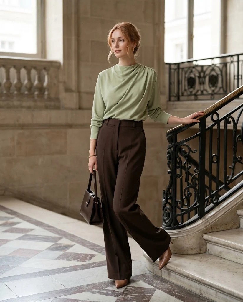 Early Fall Outfits for Women: 20+ Elegant Old Money Ideas 12 Espresso Wide-Leg Trousers with a Draped Pistachio Blouse, an elegant old money early fall outfit for women