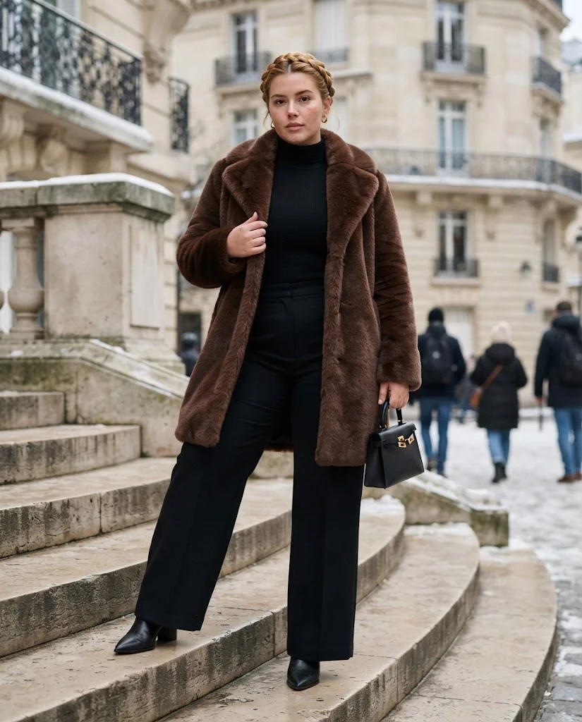 Plus Size Winter Outfits for Women: 15 Warm and Stylish Ideas 4 Faux-Fur Coat With Wide-Leg Trousers, a glamorous plus size winter outfit for women