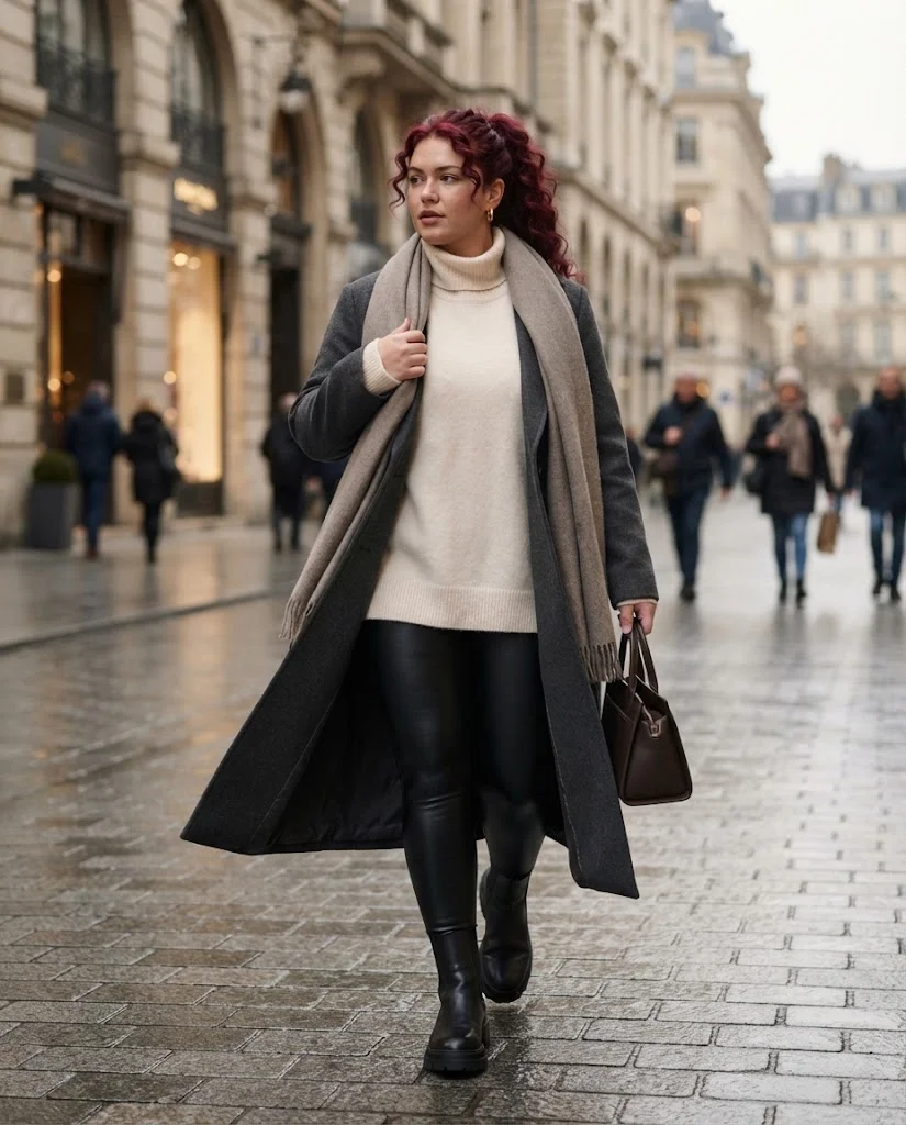 Plus Size Winter Outfits for Women: 15 Warm and Stylish Ideas 14 Faux-Leather Leggings With an Oversized Knit and Long Coat, a sleek plus size winter outfit