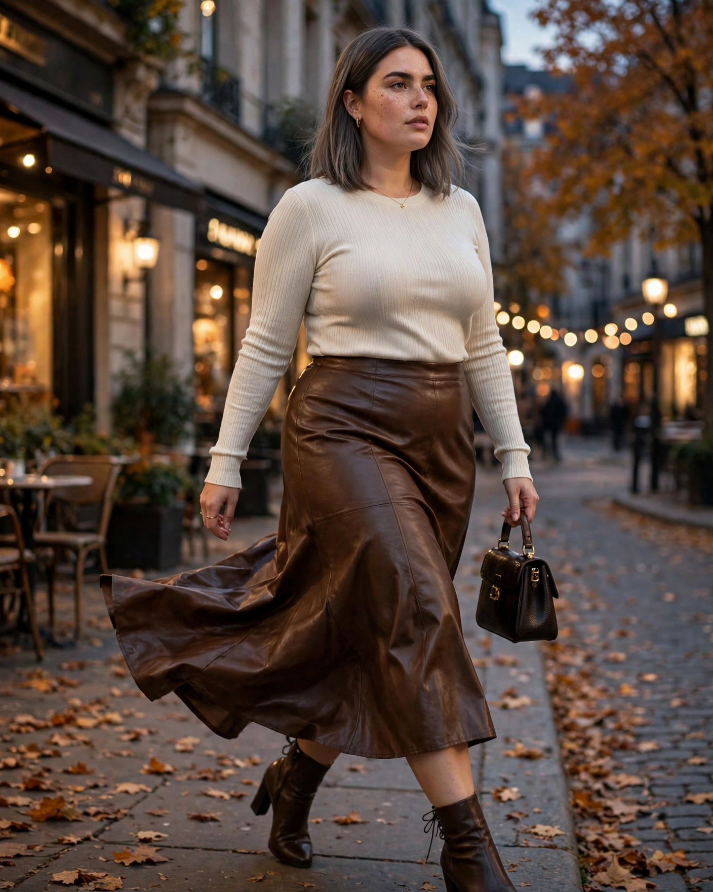 Faux-Leather Midi Skirt With a Fitted Knit Top Plus Size Fall Night Out Outfit