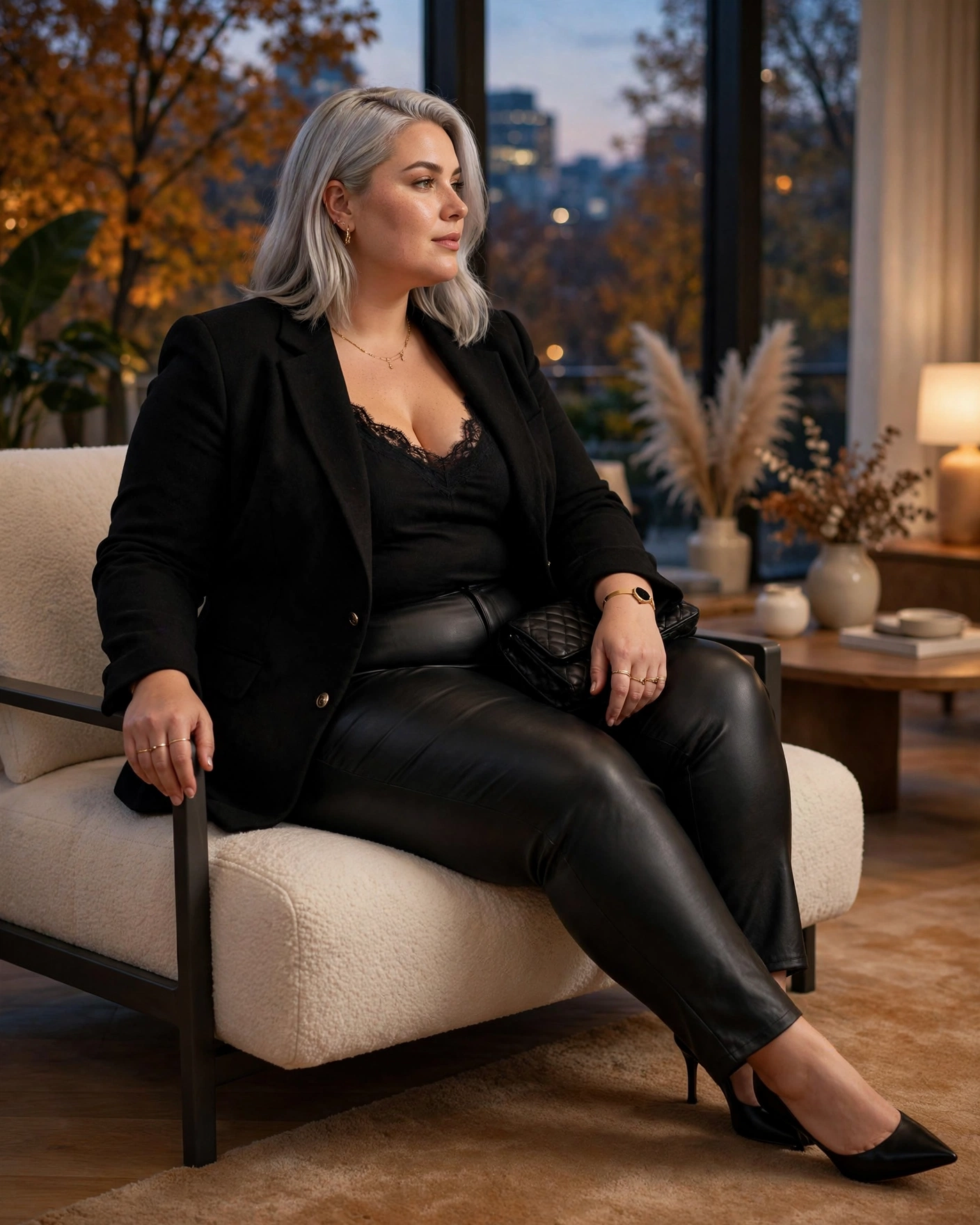 Faux-Leather Pants With a Lace-Trim Camisole and Blazer Plus Size Fall Night Out Outfit