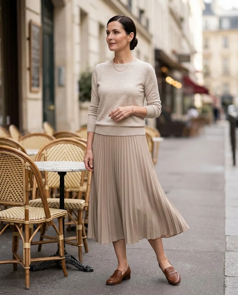 women wearing Fine-Gauge Sweater With a Pleated Midi Skirt