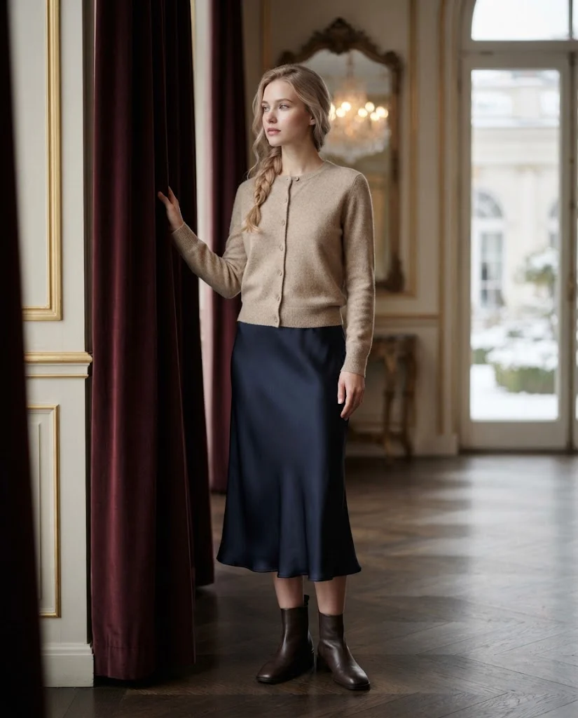 women wearing Fine-Knit Cardigan With Satin Midi Skirt