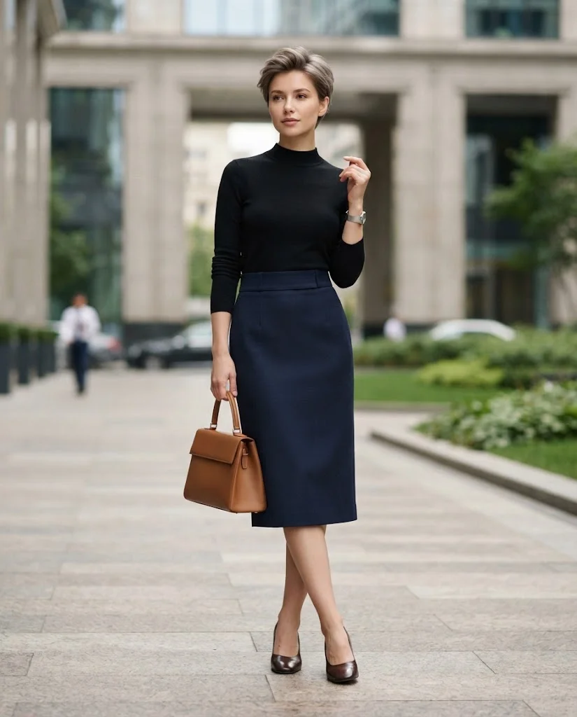 women wearing Fine-Knit Mock Neck With a Tailored Suit Skirt