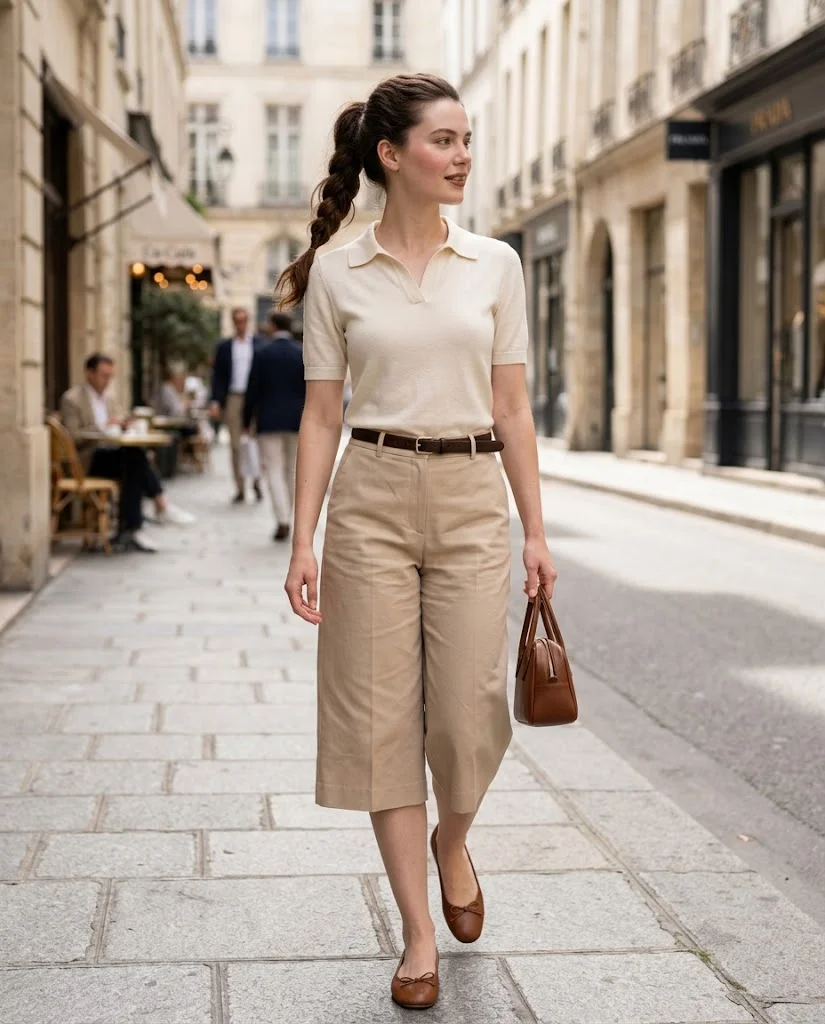 Elegant Old Money Outfits for Women: 20+ Timeless Ideas 8 women wearing Fine-Knit Polo With Tailored Culottes