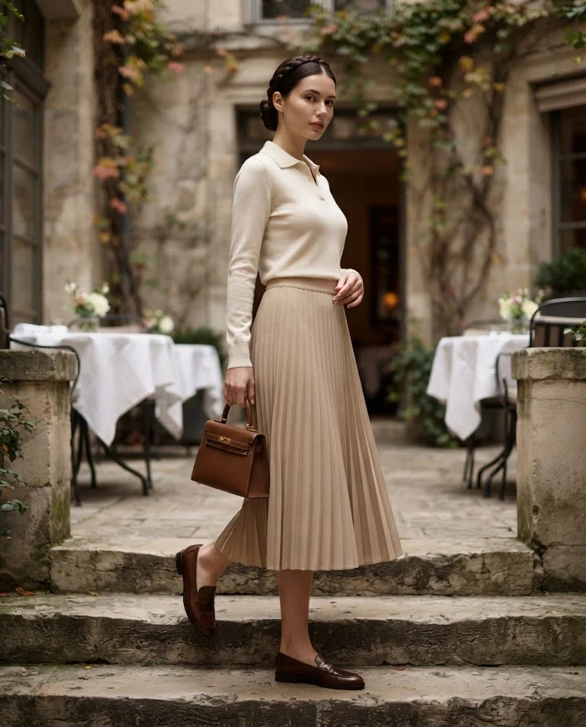 Fine-Knit Polo with a Pleated Midi Skirt, an elegant old money fall brunch outfit for women