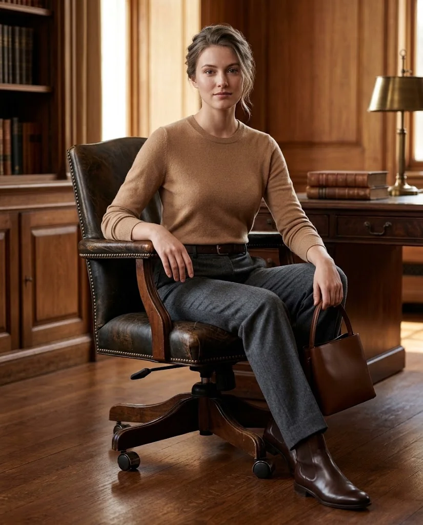 women wearing Fine-Knit Sweater With Tailored Trousers