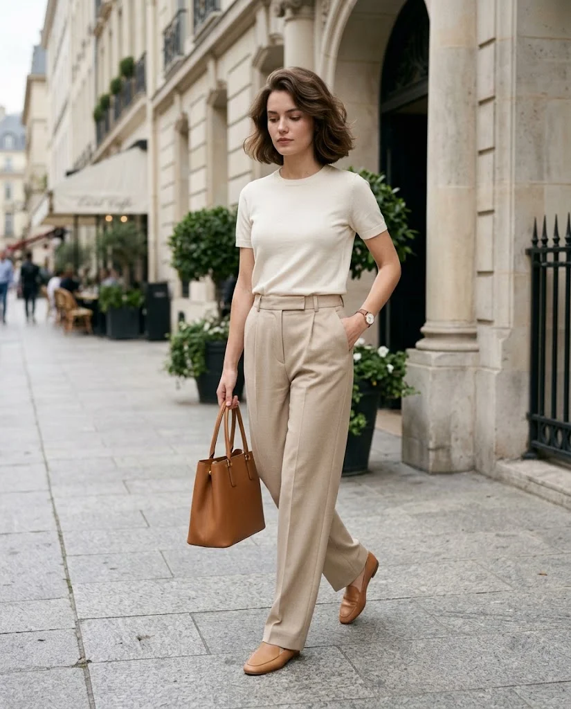 Casual Old Money Outfits for Women: 20+ Chic & Polished Ideas 16 women wearing Fine-Knit Tee With Relaxed Tailored Pants