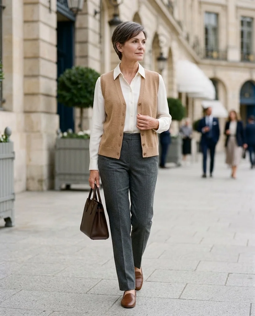 women wearing Fine-Knit Vest With a Long-Sleeve Blouse