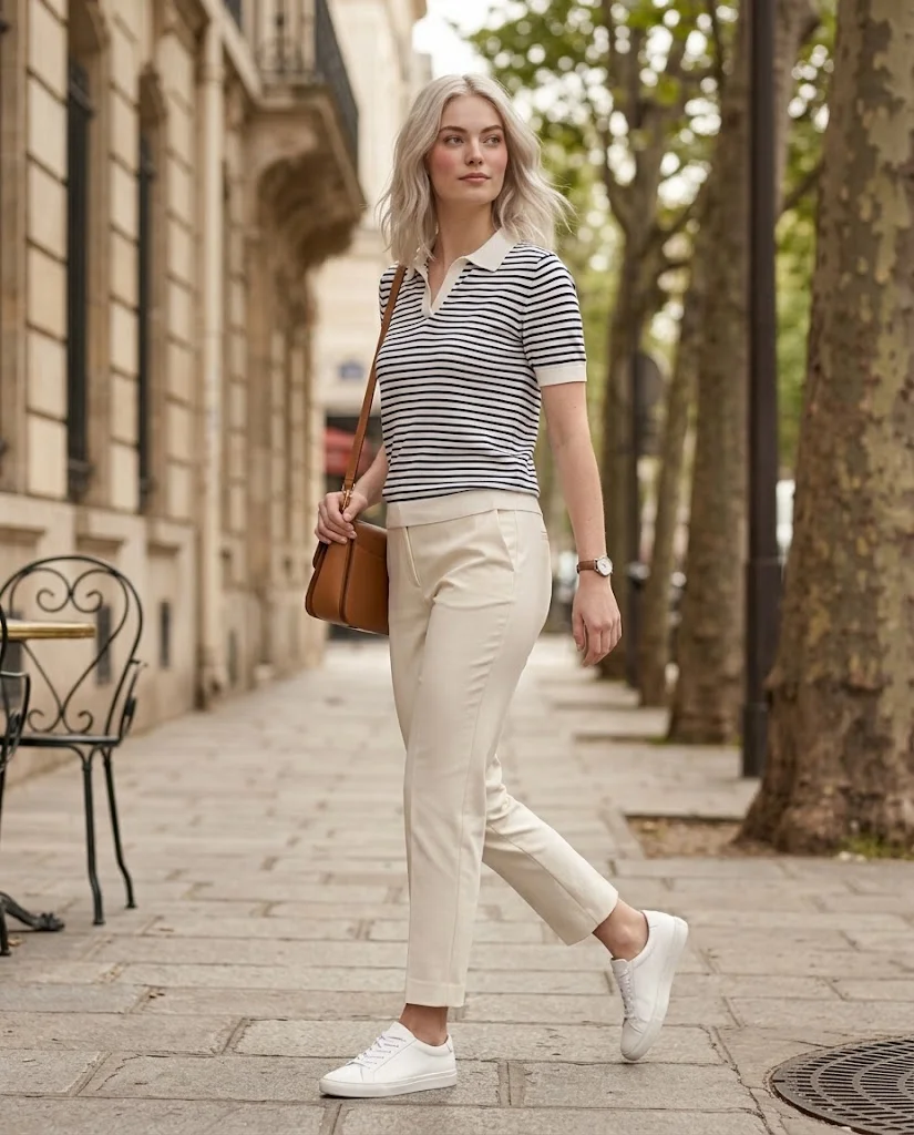 Casual Old Money Outfits for Women: 20+ Chic & Polished Ideas 8 women wearing Fine-Stripe Polo With Ankle-Length Trousers
