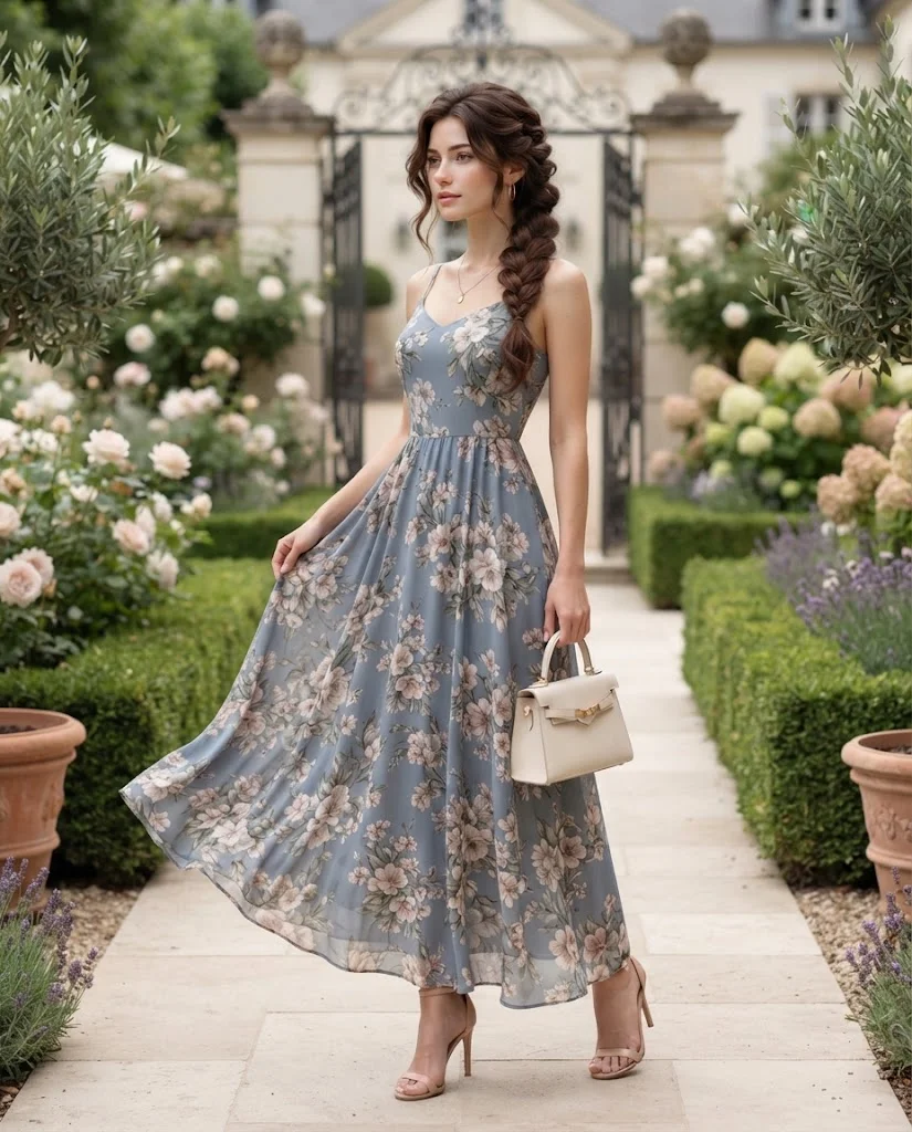 women wearing Floral Maxi Dress With Minimal Heels