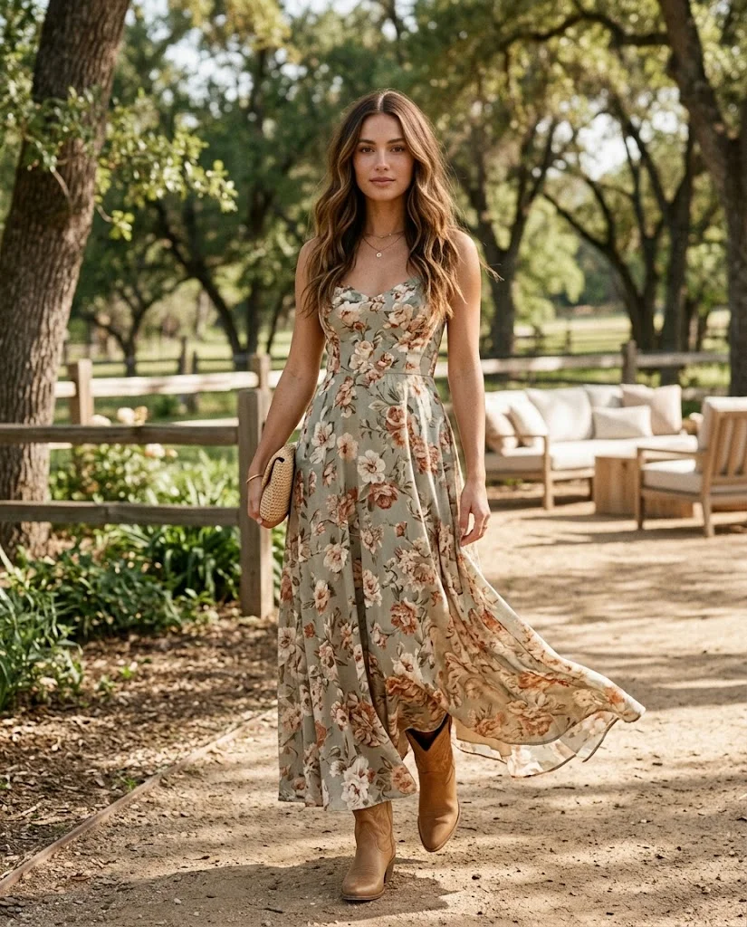 Floral Maxi Dress with Tan Cowboy Boots, a stylish western wedding guest outfit for women