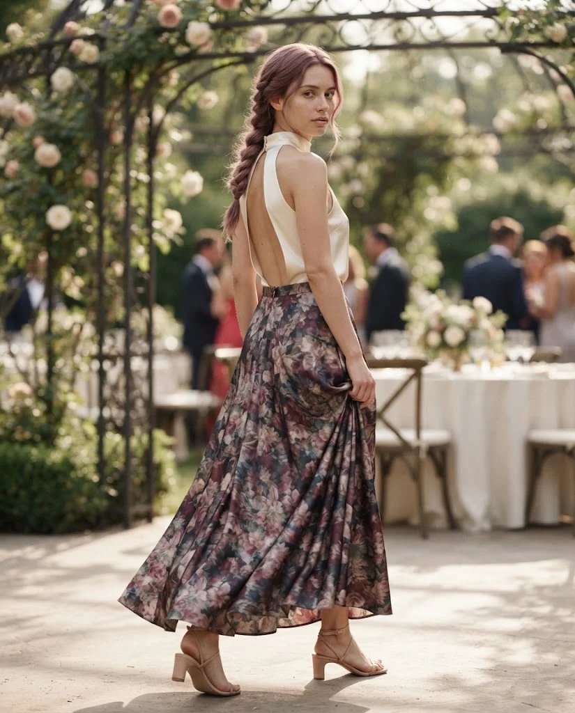 women wearing Floral Maxi Skirt With a Backless Top