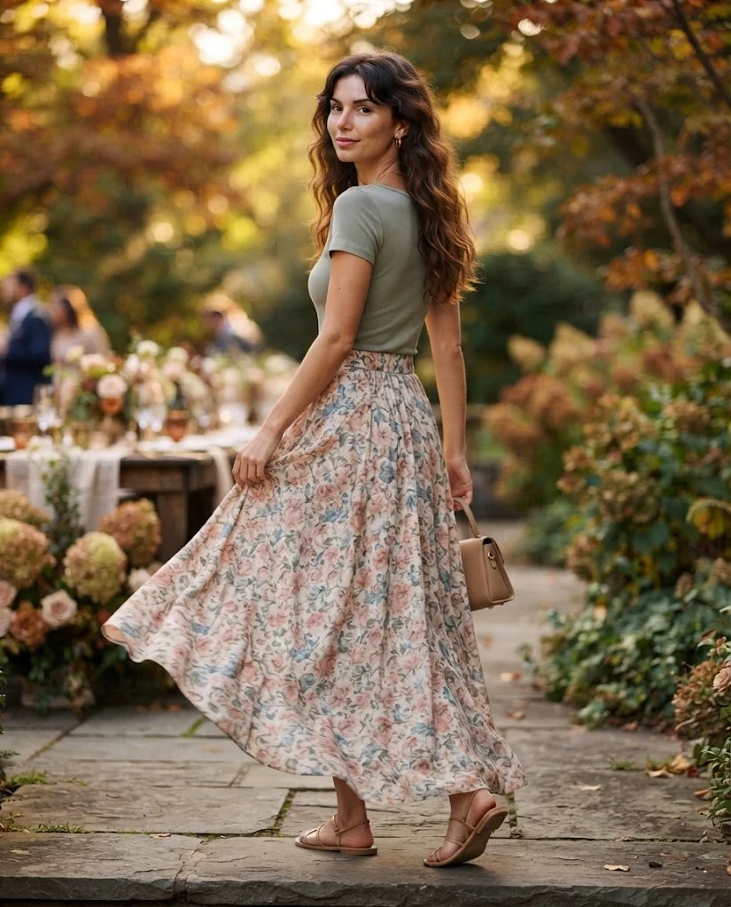 women wearing Floral Maxi Skirt With a Fitted Top