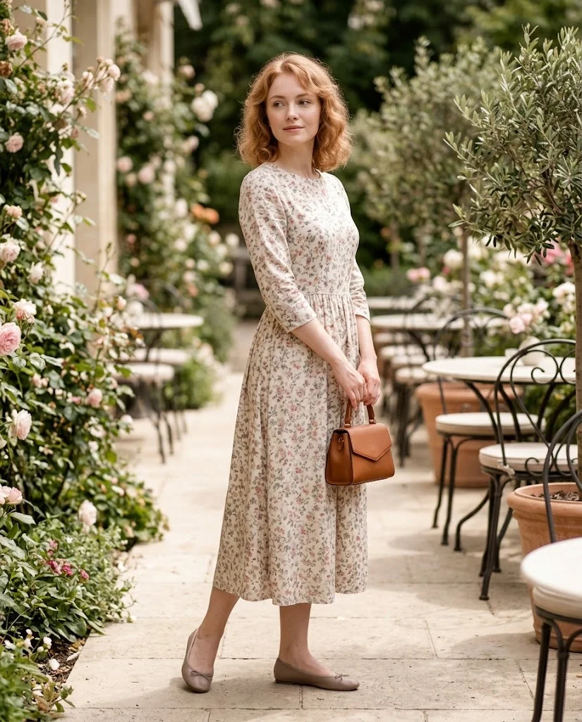 women wearing Floral Midi Dress With Classic Flats
