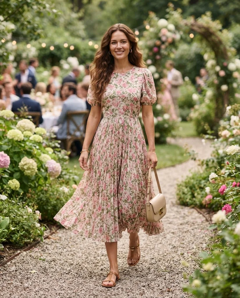 women wearing Floral Midi Dress With Flat Sandals
