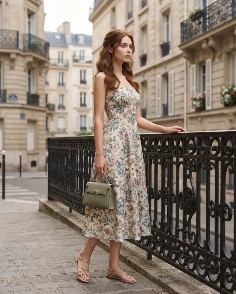 women wearing Floral Midi Dress With Minimal Sandals