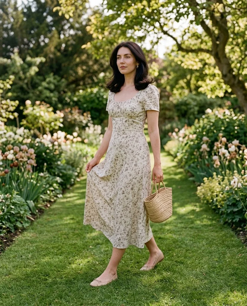 women wearing Floral Midi Dress With Simple Flats